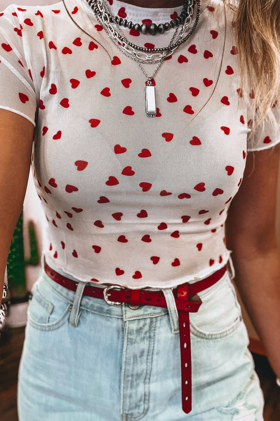All Over Heart Print Mesh Short Sleeve Top- 2 Colors