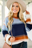 Blue Multi Color Block Crew Neck Tunic Sweater