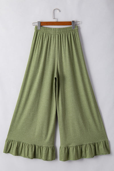 Jungle Green Solid Color Ruffle Hem Wide Leg Pants