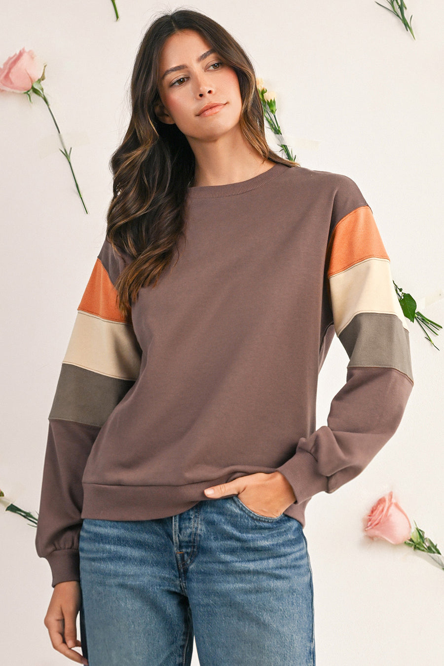 Dark Khaki Multi Colorblock Drop Shoulder Pullover Sweatshirt