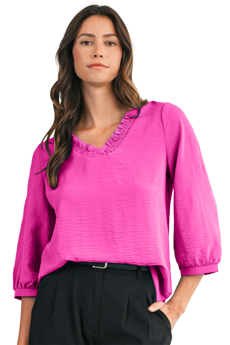 Frill V-Neck Lantern Sleeve Crinkled Blouse- 3 Colors