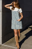 Sky Blue Retro Wash Denim Floral Print Overall Mini Dress