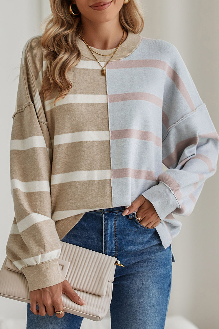 Striped Exposed Seam Patchwork Loose Fit Sweater- 4 Colors