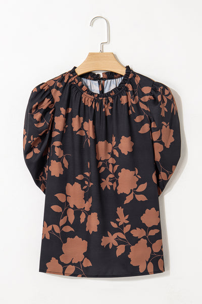 Chestnut Floral Print Frill Neck Bubble Sleeve Blouse