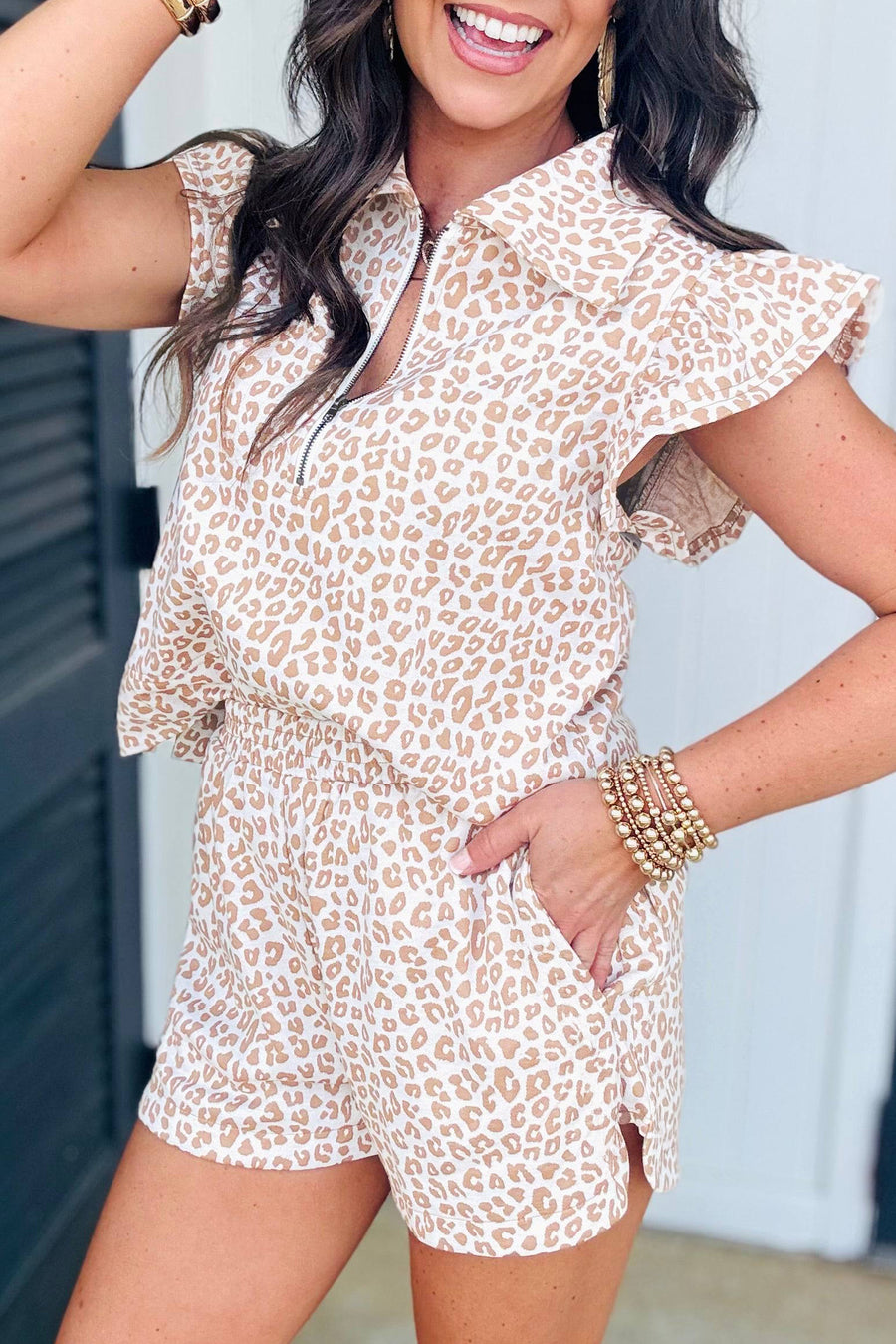 Beige Leopard Zip-Up Polo Top & Shorts Set