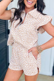 Beige Leopard Zip-Up Polo Top & Shorts Set