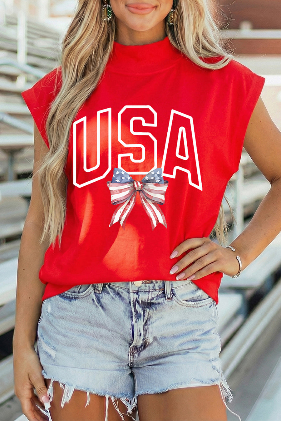 Red USA American Flag Bow Mock Neck Cap Sleeve Graphic T-Shirt