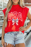Red USA American Flag Bow Mock Neck Cap Sleeve Graphic T-Shirt