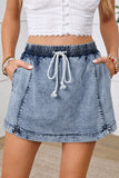 Mineral Wash Drawstring High-Waist Denim Skort with Pockets- 2 Colors