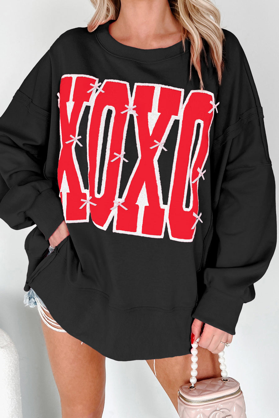 Bow & Sequin XOXO Exposed Seam Slit Hem Baggy Sweatshirt- 3 Colors