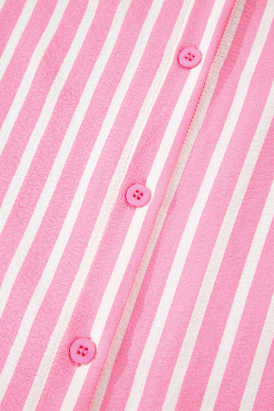 Pink Striped Bow Decor Peter Pan Collar Button-Up Top and Pants Pajama Set