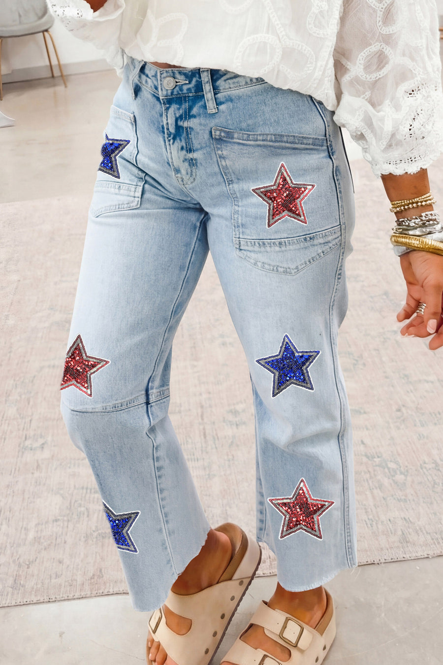 American Sequin Star Patch Pockets Cropped Jeans