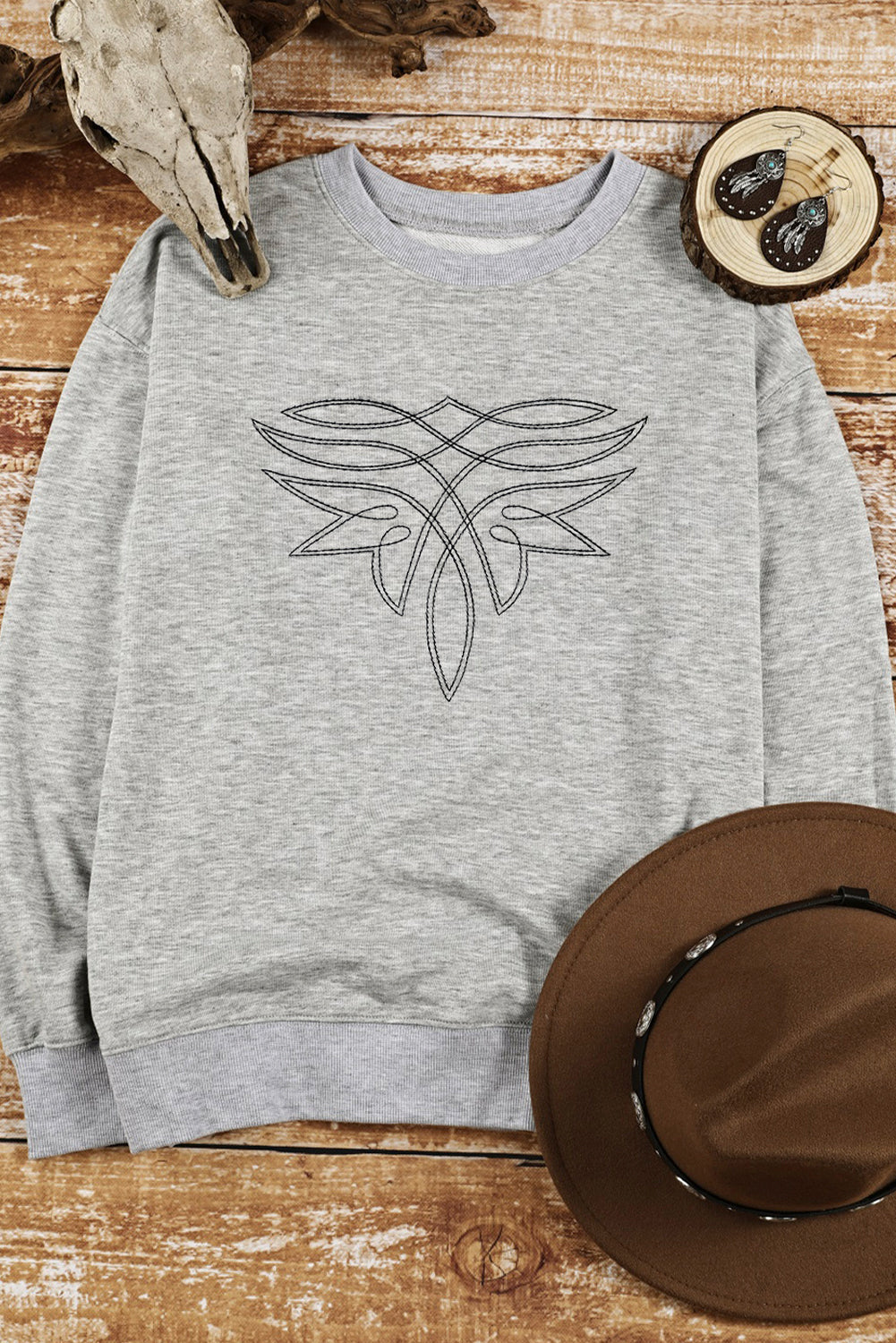 Gray Boot Stitch Pattern Embroidered Pullover Sweatshirt