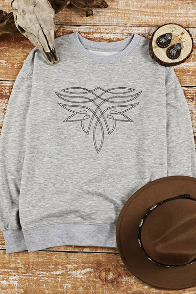 Gray Boot Stitch Pattern Embroidered Pullover Sweatshirt