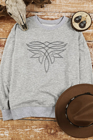 Gray Boot Stitch Pattern Embroidered Pullover Sweatshirt