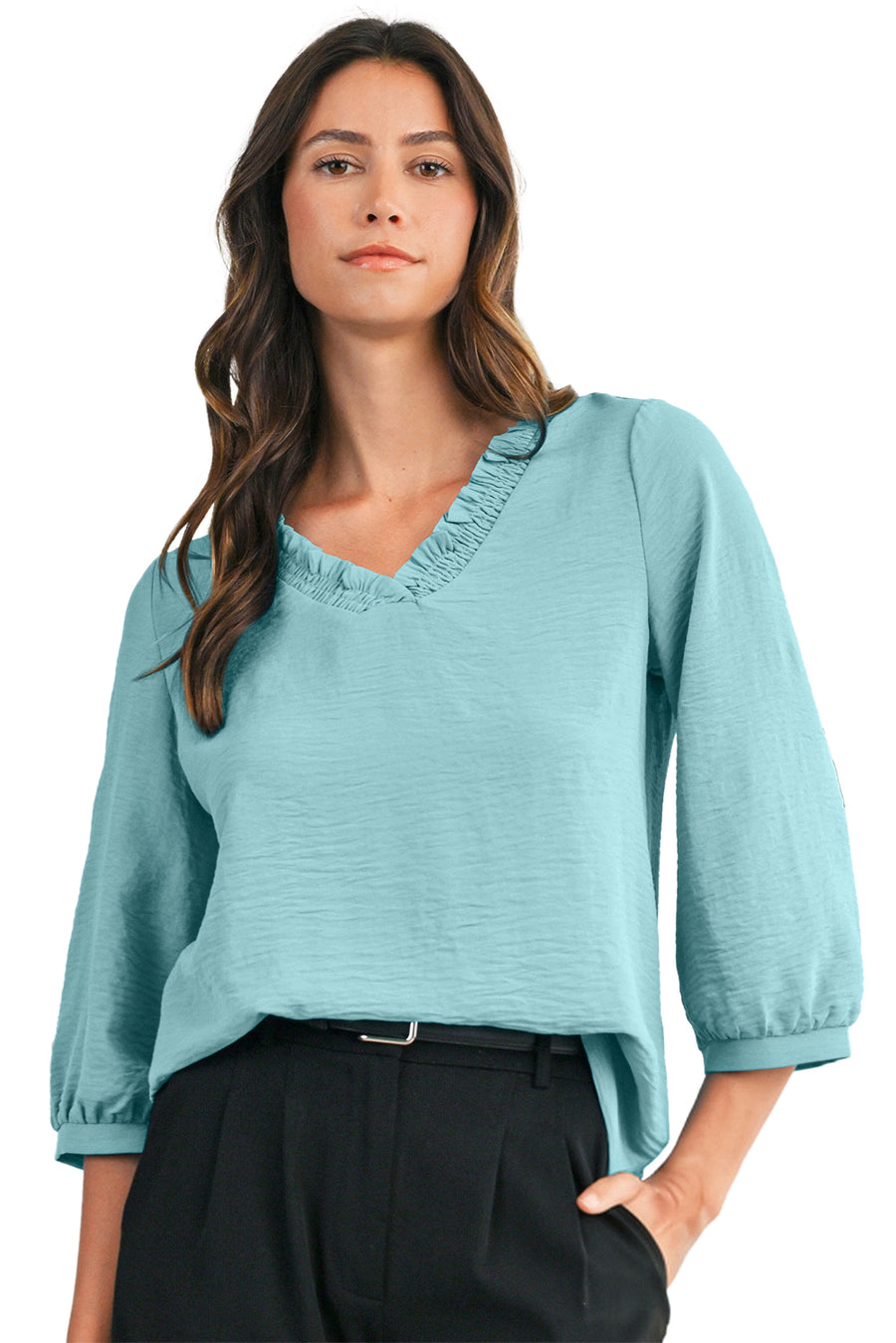Frill V-Neck Lantern Sleeve Crinkled Blouse- 3 Colors