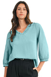 Frill V-Neck Lantern Sleeve Crinkled Blouse- 3 Colors