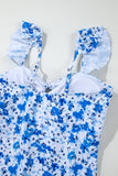 Blue Multi Floral Ruffled Strap Lace-Up Keyhole One-Piece Swimsuit B