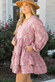 Plus Size Peach Floral Surplice V-Neck Long Sleeve Tiered Ruffle Mini Dress