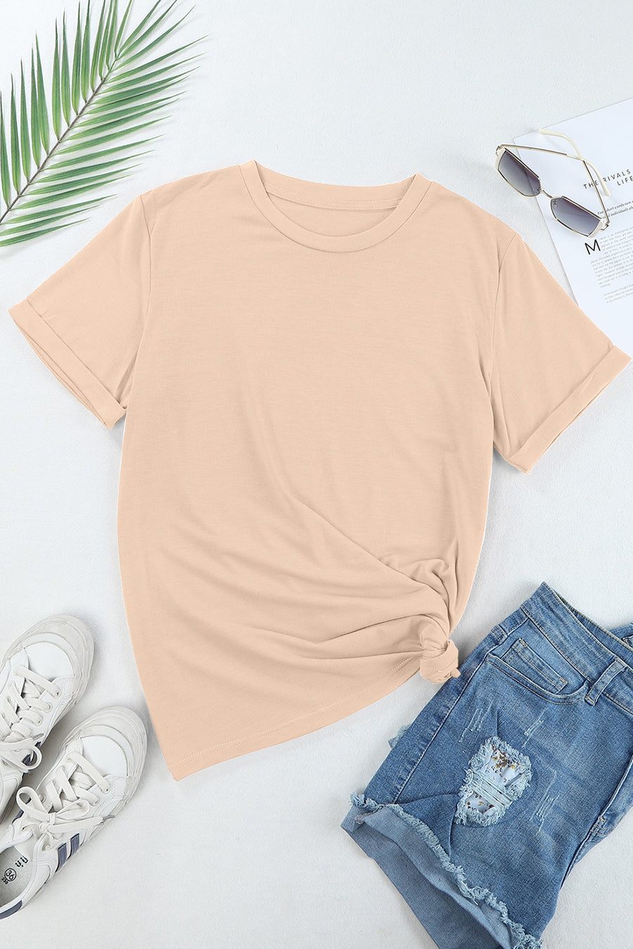 Basic Crew Neck Rolled Sleeve T-Shirt- 12 Colors