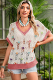 Ivory Floral Crochet Contrast Trim Knit Sweater