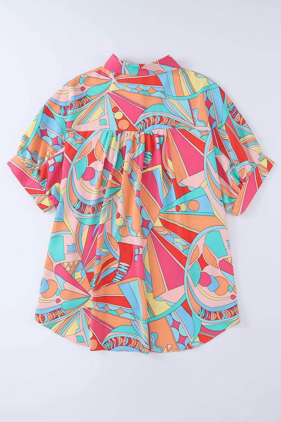 Multicolored Abstract Print Short Sleeve Loose Fit Button-Up Blouse
