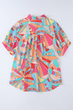 Multicolored Abstract Print Short Sleeve Loose Fit Button-Up Blouse