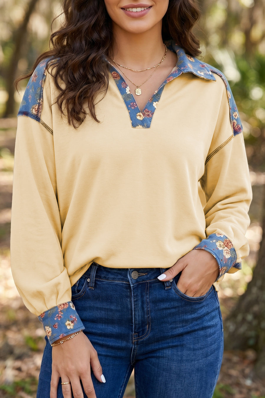 Apricot Floral Patchwork Detail Collar V Neck Long Sleeve Top