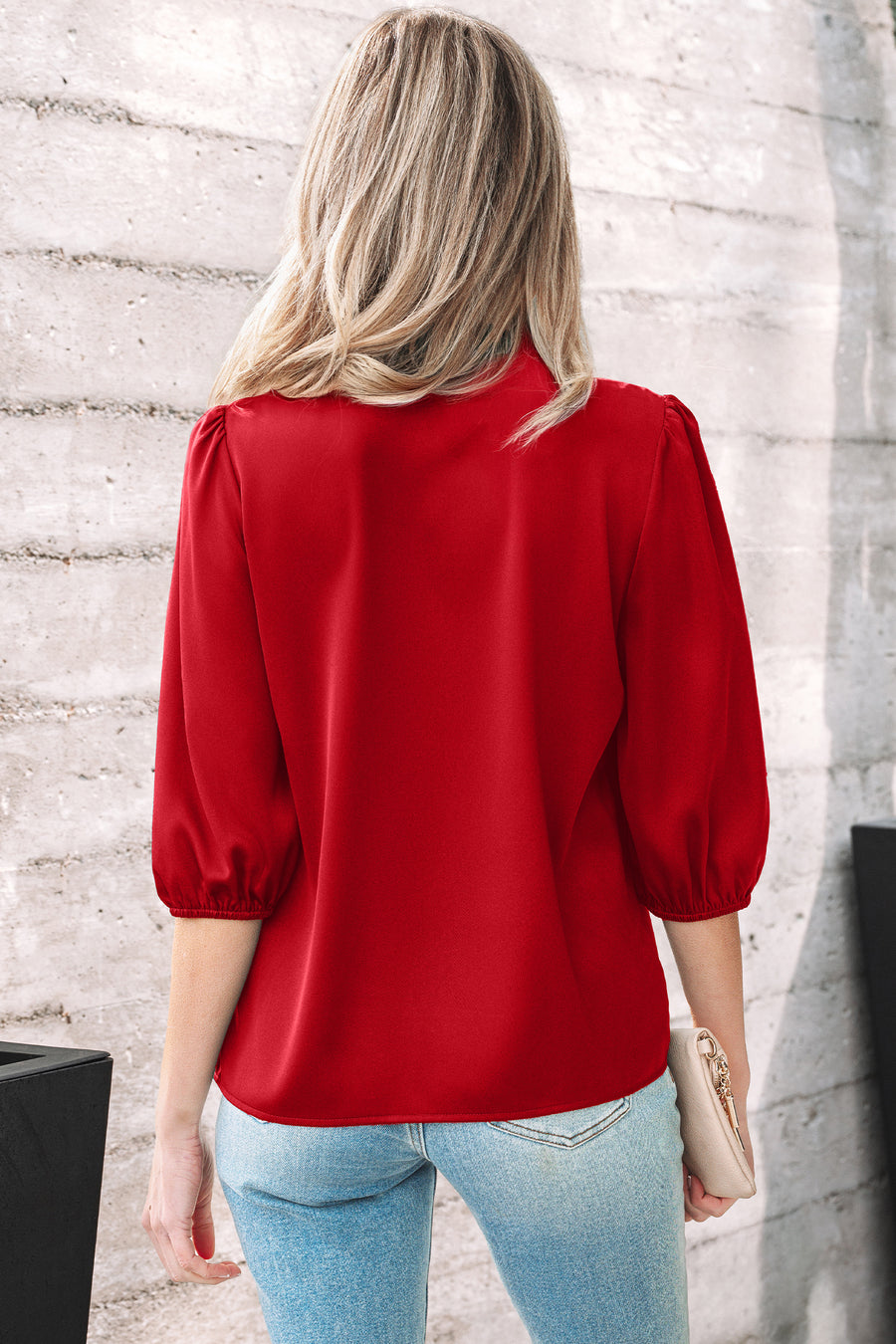 Frilled V-Neck Bow Detail 3/4 Sleeve Blouse- 2 Colors