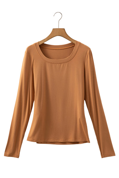 Chestnut Solid Color Long Sleeve Slim Fit Top