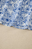 Sky Blue Floral Print Knot Straps High Waist Flared Maxi Dress