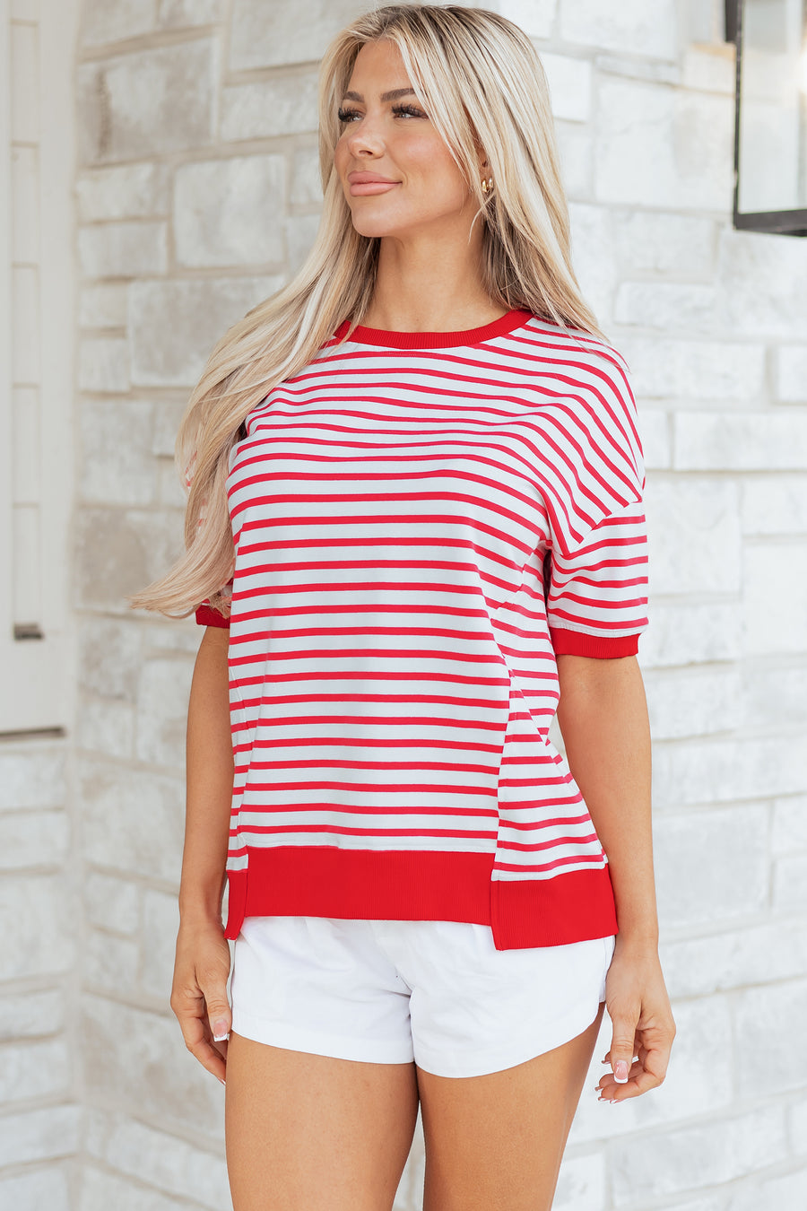 Red Striped Drop Shoulder Banded Short Sleeve T Shirt