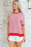 Red Striped Drop Shoulder Banded Short Sleeve T Shirt