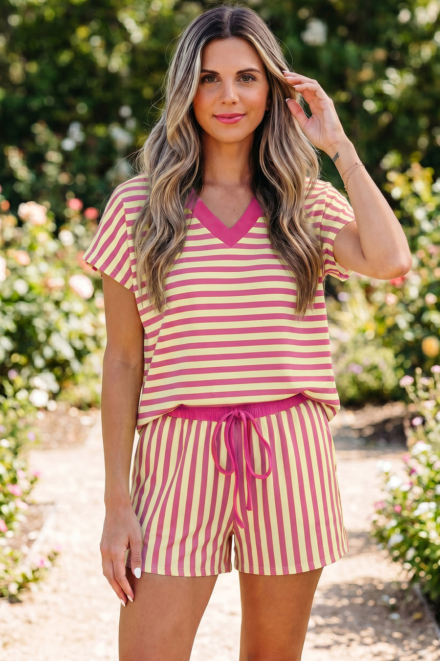 Striped Contrast Trim V-Neck T-Shirt and Drawstring Elastic Waist Shorts Set- 4 Colors