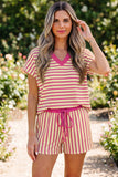 Striped Contrast Trim V-Neck T-Shirt and Drawstring Elastic Waist Shorts Set- 4 Colors