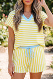 Striped Contrast Trim V-Neck T-Shirt and Drawstring Elastic Waist Shorts Set- 4 Colors