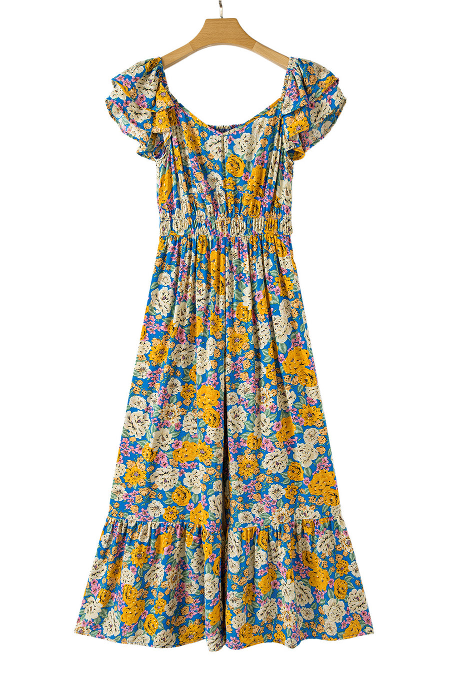 Yellow Floral Print Shirred Cut-Out High-Waist Jumpsuit