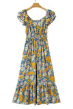 Yellow Floral Print Shirred Cut-Out High-Waist Jumpsuit