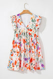 Orange Multi Floral Ruffle Sleeve V-Neck High Waist Mini Dress