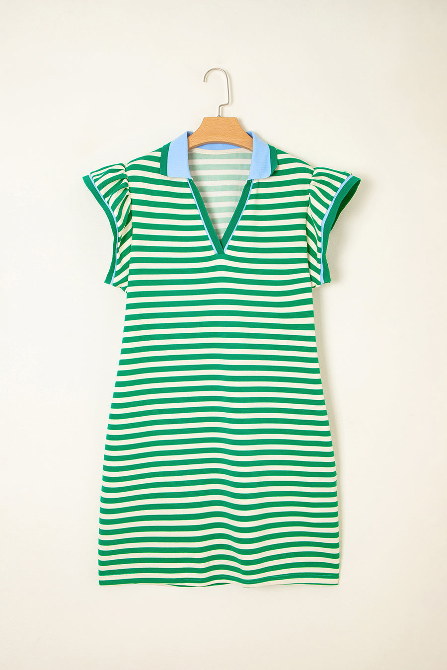 Striped Ruffle Short Sleeve Contrast Neckline Mini Dress- 3 Colors