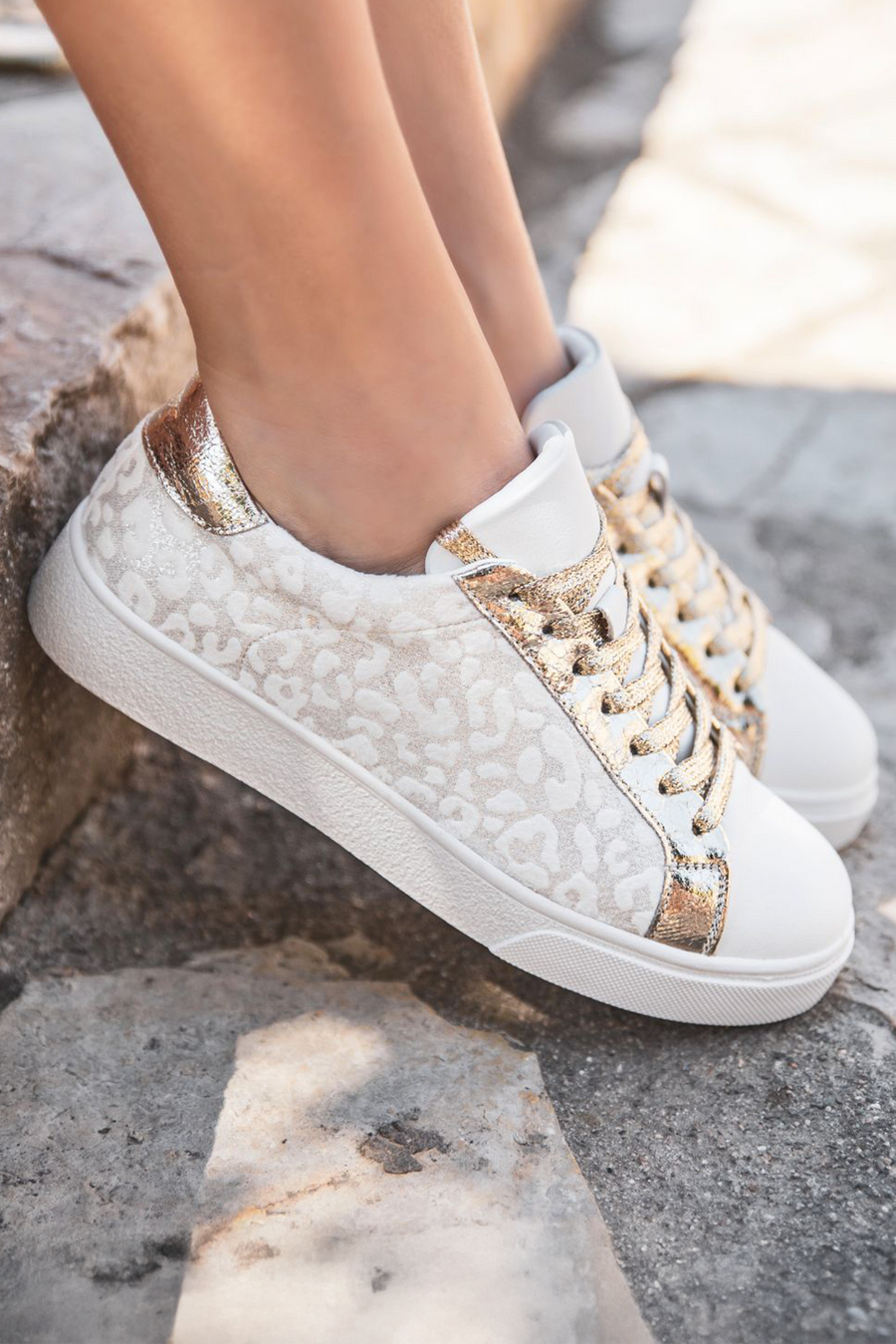 White & Gold Leopard Print Sneakers
