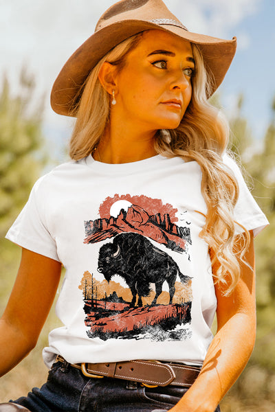 White Western Buffalo On Plains Heat Transfer Printing Graphic Crew Neck Tee
