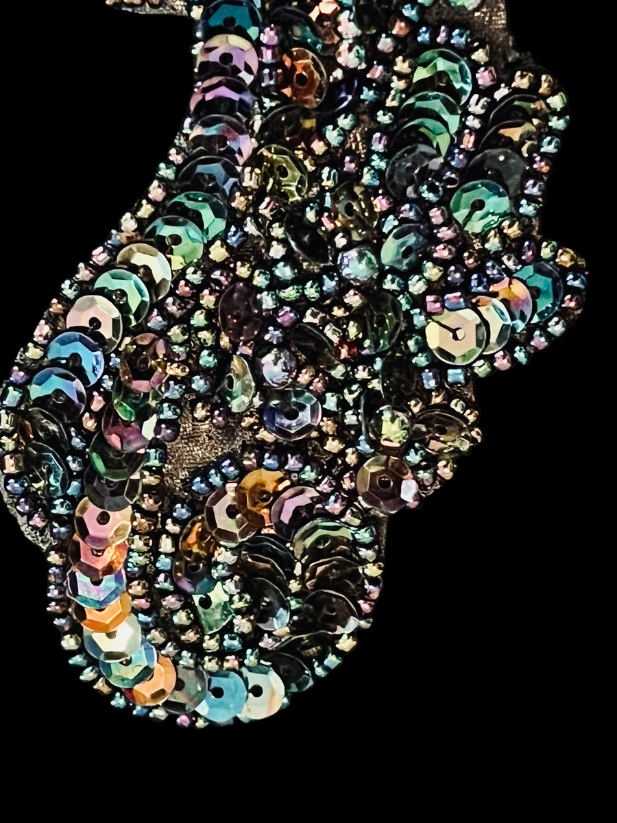 Black Aurora Borealis Beaded Sequin Scroll Appliqués- Mirrored Set of 2