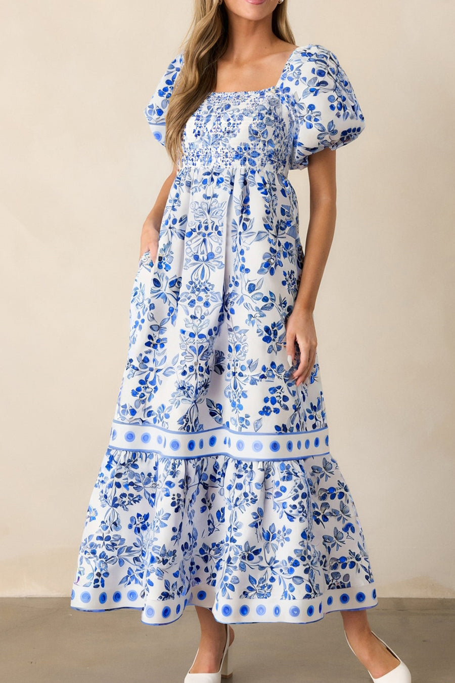 Blue Multi Floral Print Square Neck Bubble Sleeve High Waist Maxi Dress