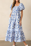 Blue Multi Floral Print Square Neck Bubble Sleeve High Waist Maxi Dress
