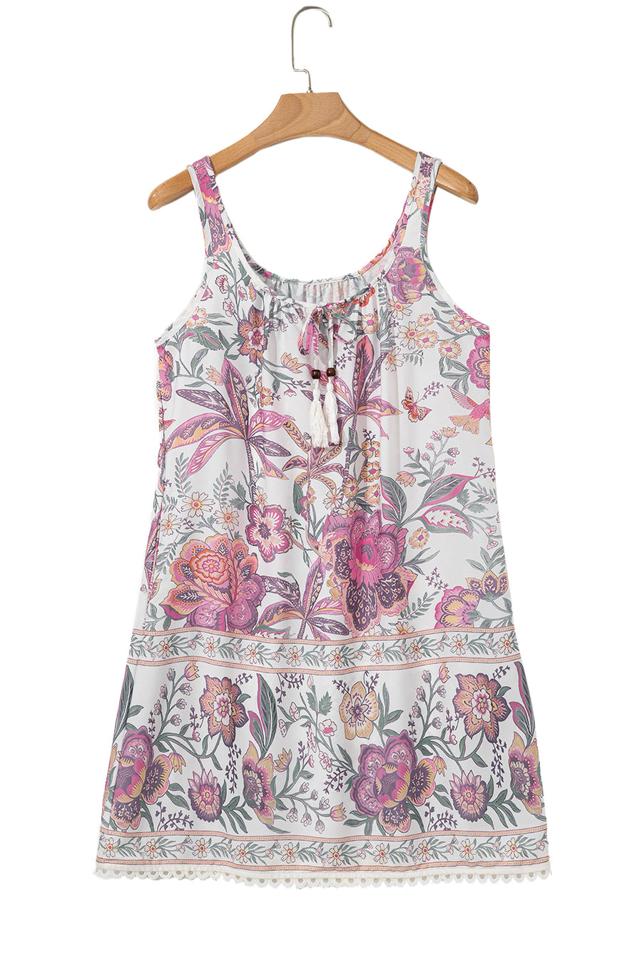 Pink and Lavender Bohemian Floral Tassel Tie V-Neck Mini Dress with Pockets