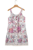 Pink and Lavender Bohemian Floral Tassel Tie V-Neck Mini Dress with Pockets