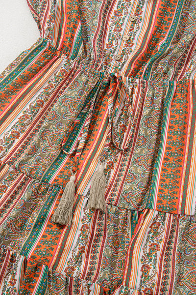 Red Bohemian Floral Print Buttoned V Neck Ruffle Tiered Dress