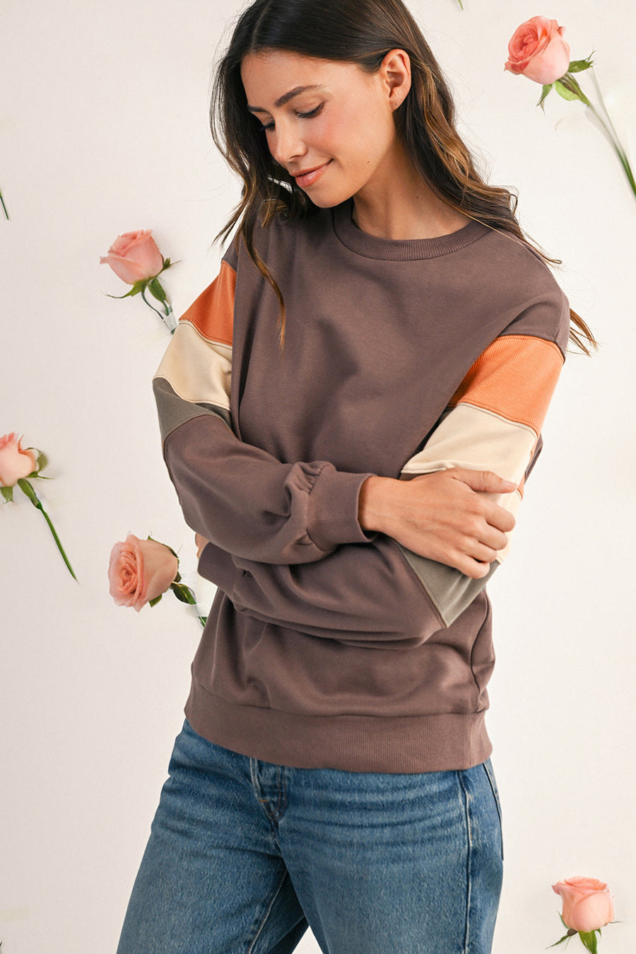 Dark Khaki Multi Colorblock Drop Shoulder Pullover Sweatshirt