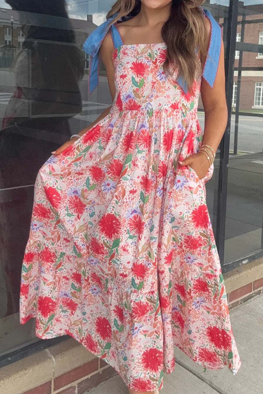 *Backorder* Floral Print Denim Straps High Waist Maxi Dress